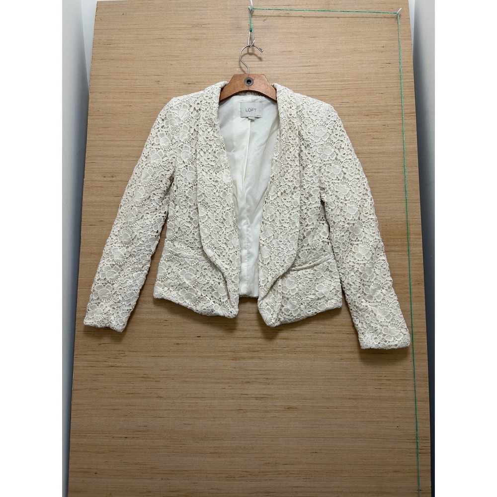 Ann Taylor Loft Petites Floral Lace Blazer Cream Ivory Open Front Jacket 2P